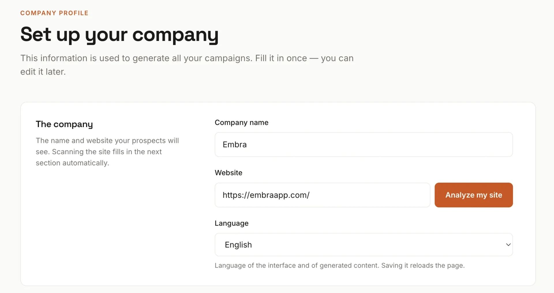 Company profile with the Website field and the Analyze my site button