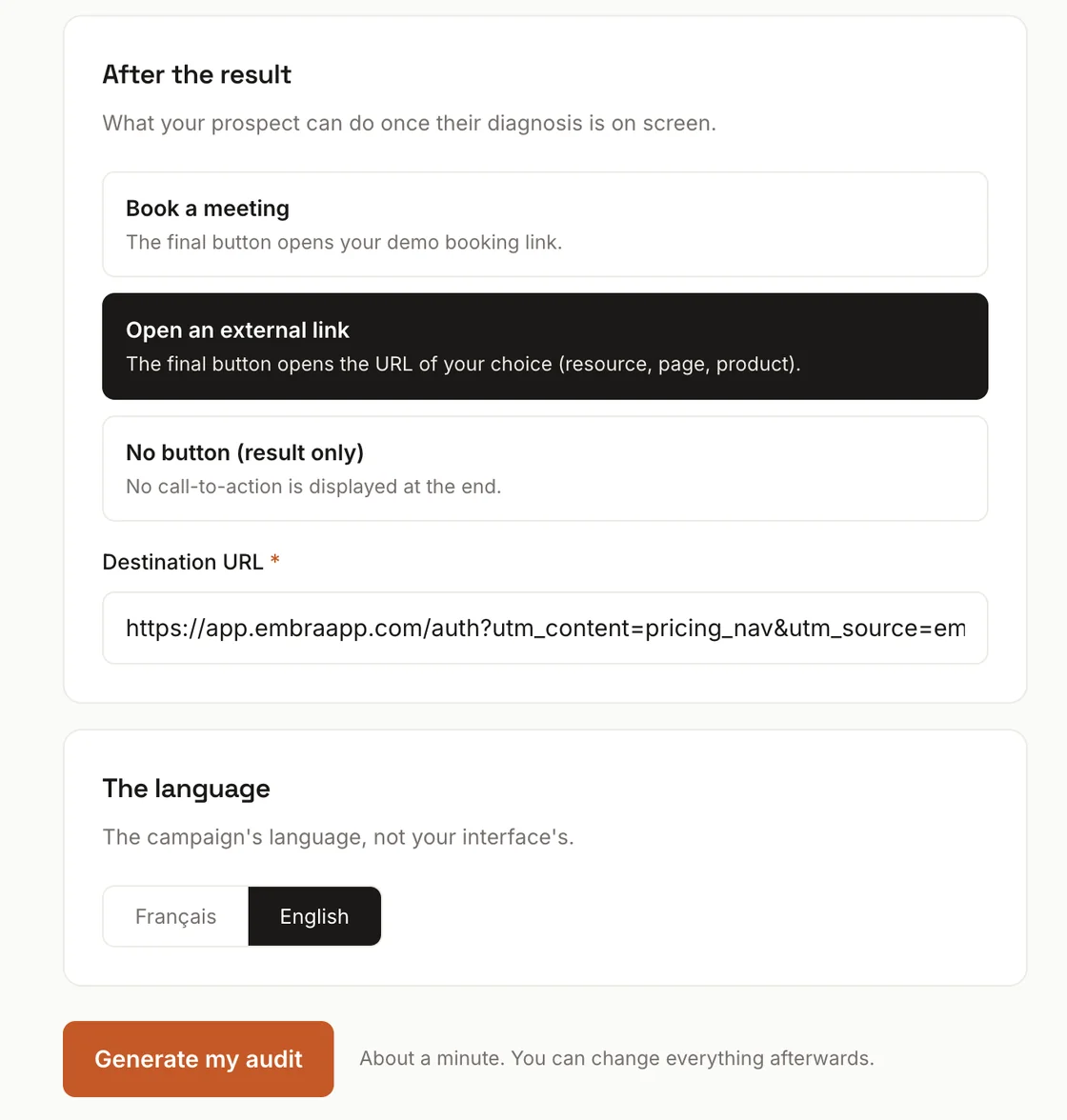 Campaign creation form, call-to-action options and destination URL