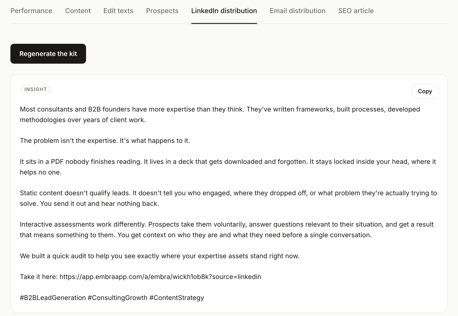 LinkedIn distribution tab with a generated post