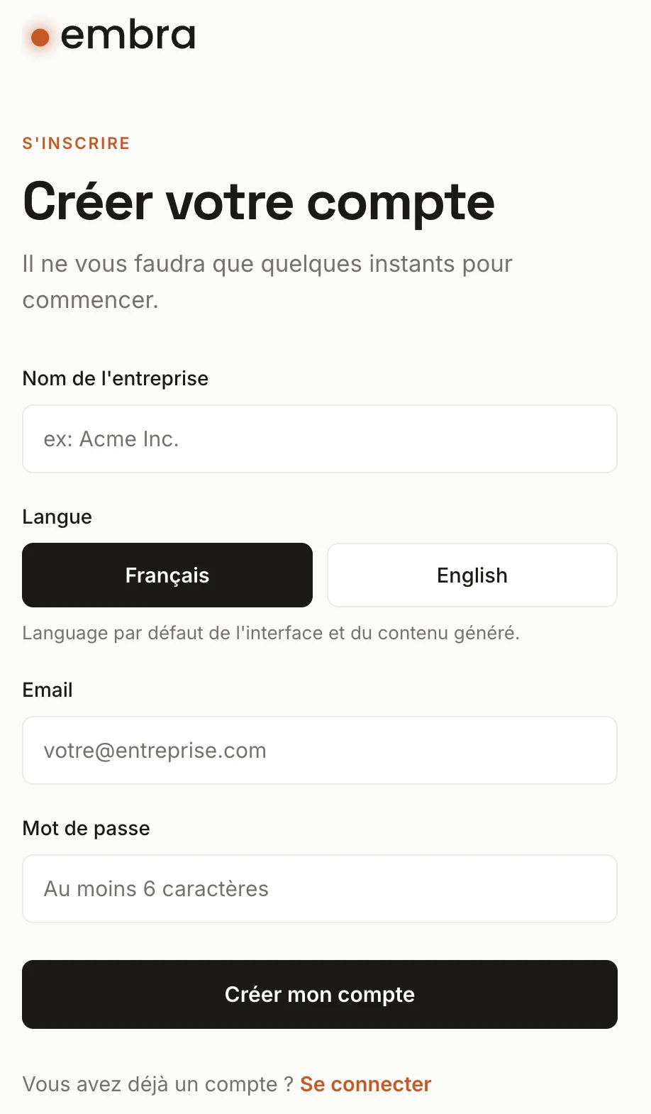 Page d'inscription Embra