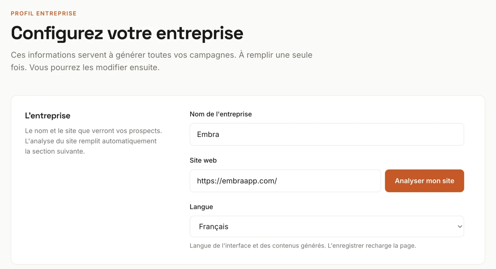 Profil d'entreprise, champ Site web et bouton Analyser mon site