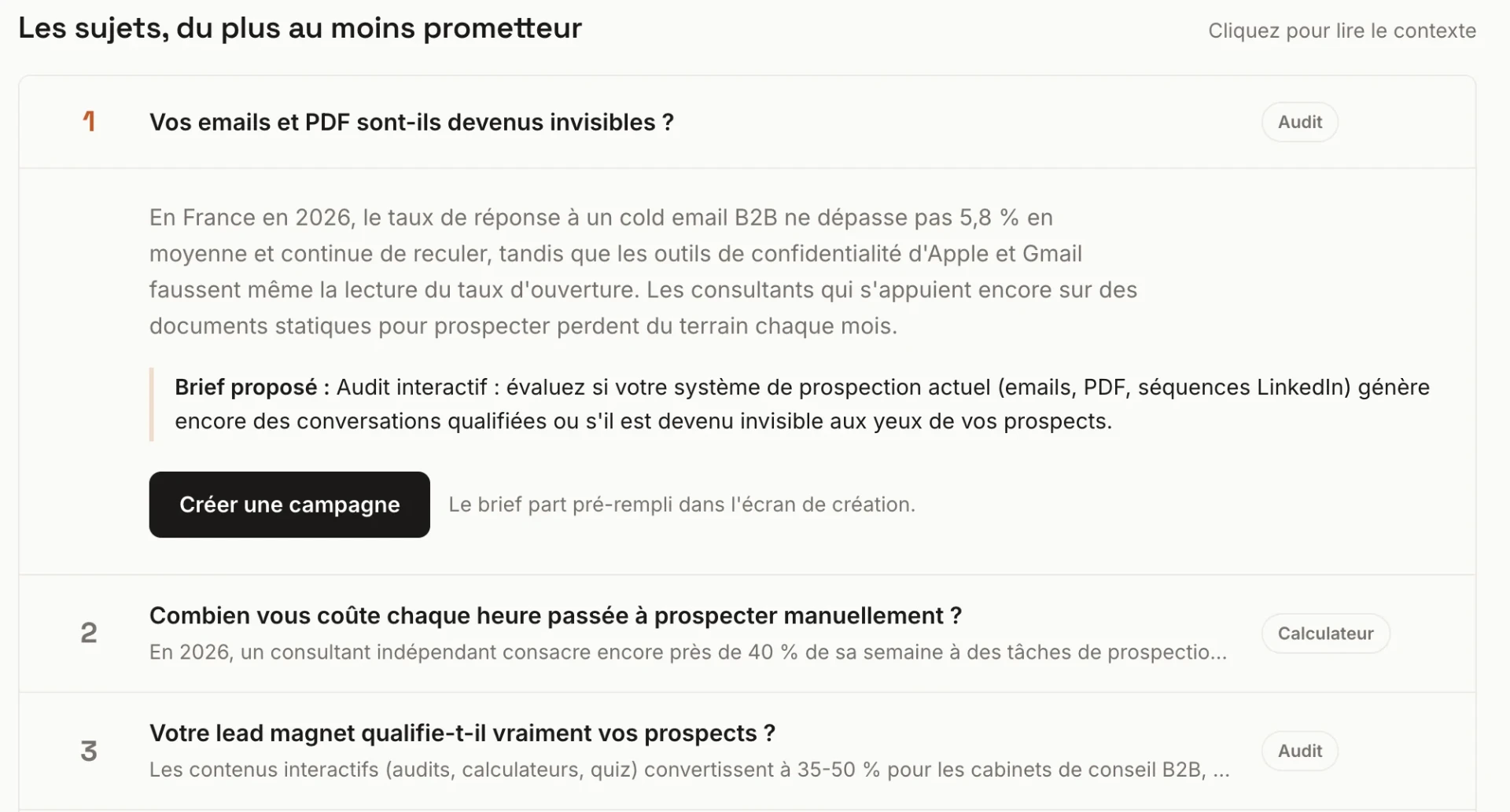 Content Radar, deux cartes de sujet avec leur score et leur format