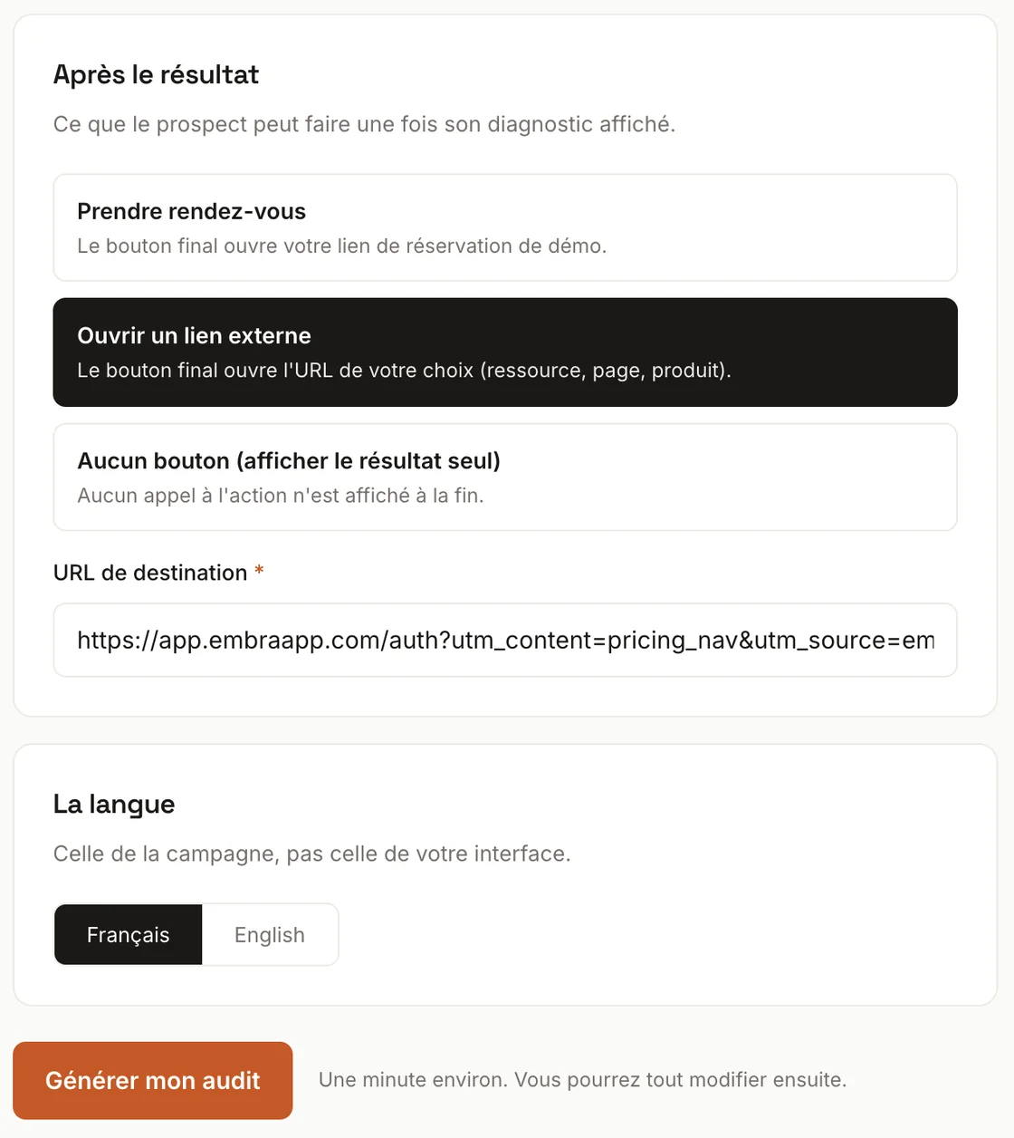 Formulaire de création, options de bouton final et sélecteur de langue
