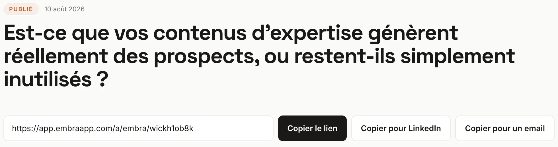 En-tête d'une campagne publiée, lien public et boutons de copie