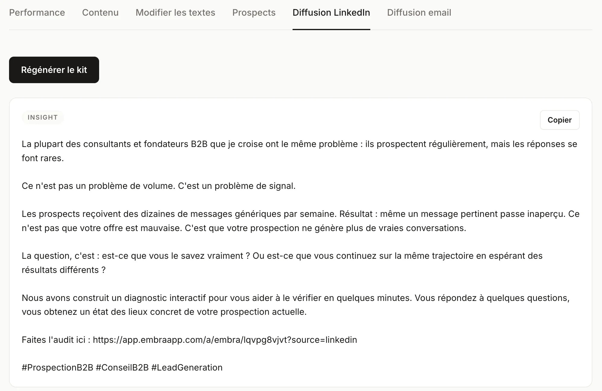 Onglet Diffusion LinkedIn, une publication générée avec son bouton de copie
